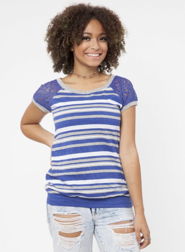 S/S SCOOP NECK STRIPE TOP W/LACE SLEEVE BANDED BOTTOM<br />SIZE S-XL<br />1-2-2-1 (6 PCS)